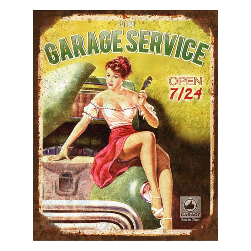 Zeleno-žlutá nástěnná kovová cedule Garage Service - 20*1*25 cm