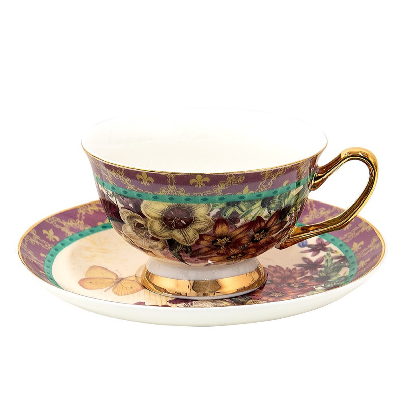 Porcelánový šálek s podšálkem s květy a motýlky - 12*10*6 cm / Ø 15*2 cm / 200 ml