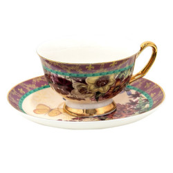 Porcelánový šálek s podšálkem s květy a motýlky - 12*10*6 cm / Ø 15*2 cm / 200 ml