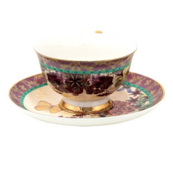 Porcelánový šálek s podšálkem s květy a motýlky - 12*10*6 cm / Ø 15*2 cm / 200 ml