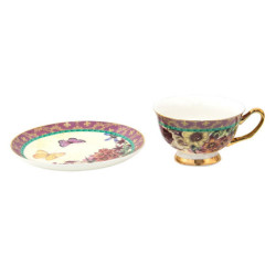 Porcelánový šálek s podšálkem s květy a motýlky - 12*10*6 cm / Ø 15*2 cm / 200 ml