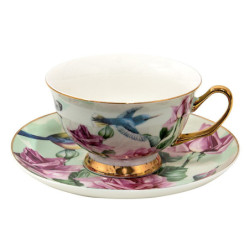 Porcelánový šálek s podšálkem s květy a ptáčky Pié - 12*10*6 cm / Ø 15*2 cm / 200 ml