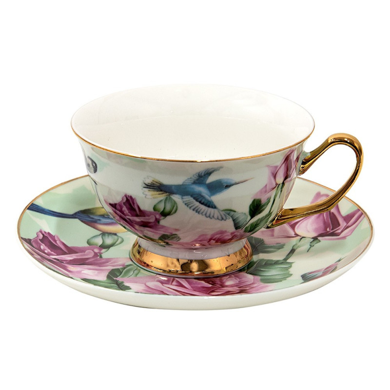 Porcelánový šálek s podšálkem s květy a ptáčky Pié - 12*10*6 cm / Ø 15*2 cm / 200 ml