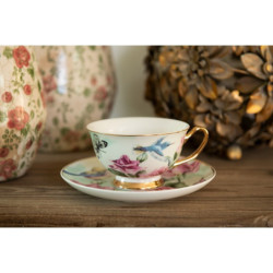 Porcelánový šálek s podšálkem s květy a ptáčky Pié - 12*10*6 cm / Ø 15*2 cm / 200 ml