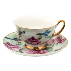 Porcelánový šálek s podšálkem s květy a ptáčky Pié - 12*10*6 cm / Ø 15*2 cm / 200 ml
