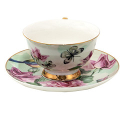 Porcelánový šálek s podšálkem s květy a ptáčky Pié - 12*10*6 cm / Ø 15*2 cm / 200 ml