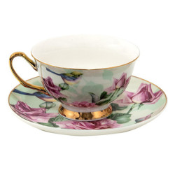 Porcelánový šálek s podšálkem s květy a ptáčky Pié - 12*10*6 cm / Ø 15*2 cm / 200 ml