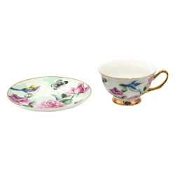 Porcelánový šálek s podšálkem s květy a ptáčky Pié - 12*10*6 cm / Ø 15*2 cm / 200 ml