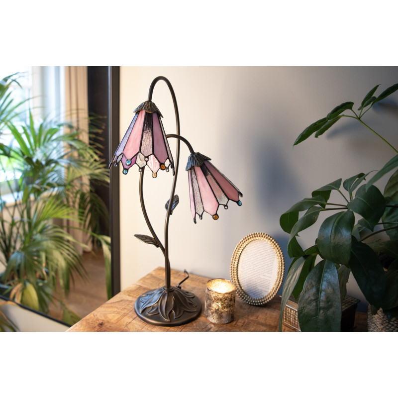 Stolní lampa Tiffany Flowerbell pink - 35*18*61 cm E14/max 2*25W