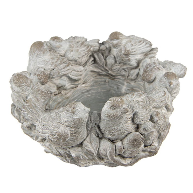 Šedý antik cementový dekorační květináč s ptáčky - Ø 27*12 cm