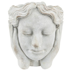 Šedý cementový květináč hlava dívky v dlaních M - 18*18*20 cm