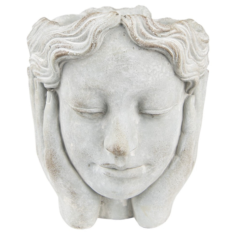 Šedý cementový květináč hlava dívky v dlaních M - 18*18*20 cm