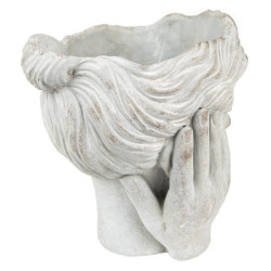 Šedý cementový květináč hlava dívky v dlaních M - 18*18*20 cm
