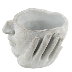 Šedý cementový květináč hlava ženy v dlaních S - 17*17*11 cm