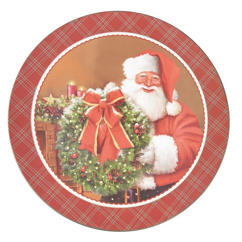 Červený károvaný plastový vánoční kulatý podnos/talíř Santa - Ø 33*1 cm