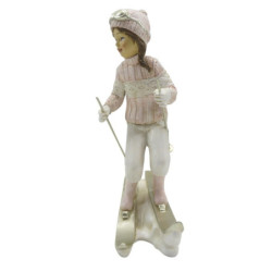 Dekorace socha dívka v růžovém svetru na lyžích - 12*8*19 cm