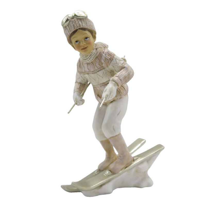Dekorace socha chlapec v růžovém svetru na lyžích - 12*8*19 cm