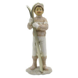 Zimní dekorace socha chlapec v růžovém svetru s lyžemi - 9*7*21 cm