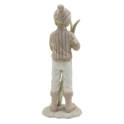 Zimní dekorace socha chlapec v růžovém svetru s lyžemi - 9*7*21 cm