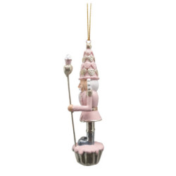 Růžová závěsná dekorace socha Louskáček s muffinky - 3*3*11 cm