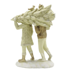 Béžovo-zlatá vánoční dekorace děti nesoucí stromek - 12*6*15 cm