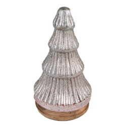 Stříbrný dekorační skleněný stromek na dřevěném podstavci - Ø 13*24 cm
