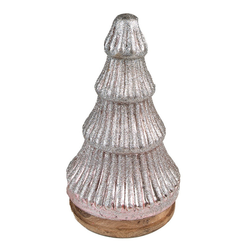 Stříbrný dekorační skleněný stromek na dřevěném podstavci - Ø 13*24 cm