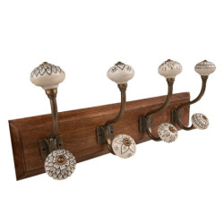 Nástěnný věšák s dřevěnou deskou a keramickými malovanými knopkami - 45*11*17 cm