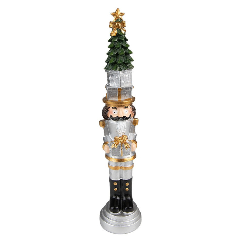 Stříbrná vánoční dekorace Louskáček se stromkem a dárkem - 5*5*25 cm