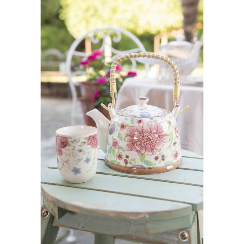 Porcelánová konvička se sítkem a květy - 18*14*12 cm / 0,7L