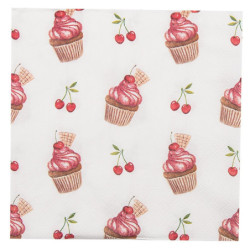 Bílé papírové ubrousky s dortíčky Cherry Cupcake - 33*33 cm (20ks)