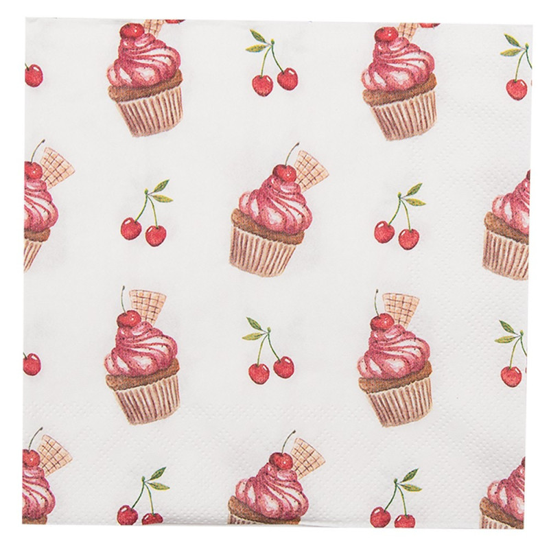 Bílé papírové ubrousky s dortíčky Cherry Cupcake - 33*33 cm (20ks)