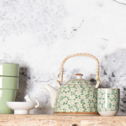 Zelená porcelánová konvička s kvítky a se sítkem - Ø 18*14*12 cm / 0,7L