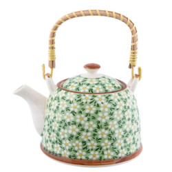 Zelená porcelánová konvička s kvítky a se sítkem - Ø 18*14*12 cm / 0,7L