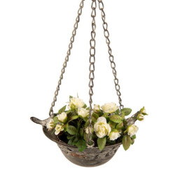 Zelený antik kovový závěsný květináč s patinou a ptáčky - 23*17*46 cm