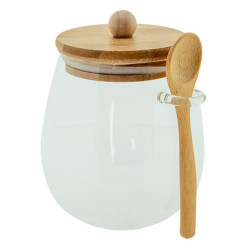Skleněná dóza/ cukřenka s bambusovým víčkem a lžičkou - 12*11*13 cm / 660 ml