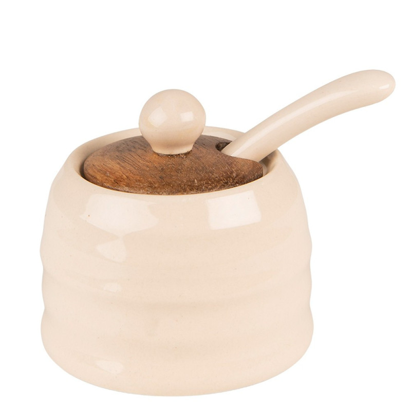 Béžová keramická cukřenka se lžičkou a dřevěným víčkem Chick Bei - Ø 8*6 cm