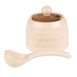 Béžová keramická cukřenka se lžičkou a dřevěným víčkem Chick Bei - Ø 8*6 cm