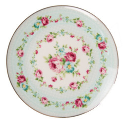 Zelený porcelánový dezertní talíř s květy - Ø 21*2 cm