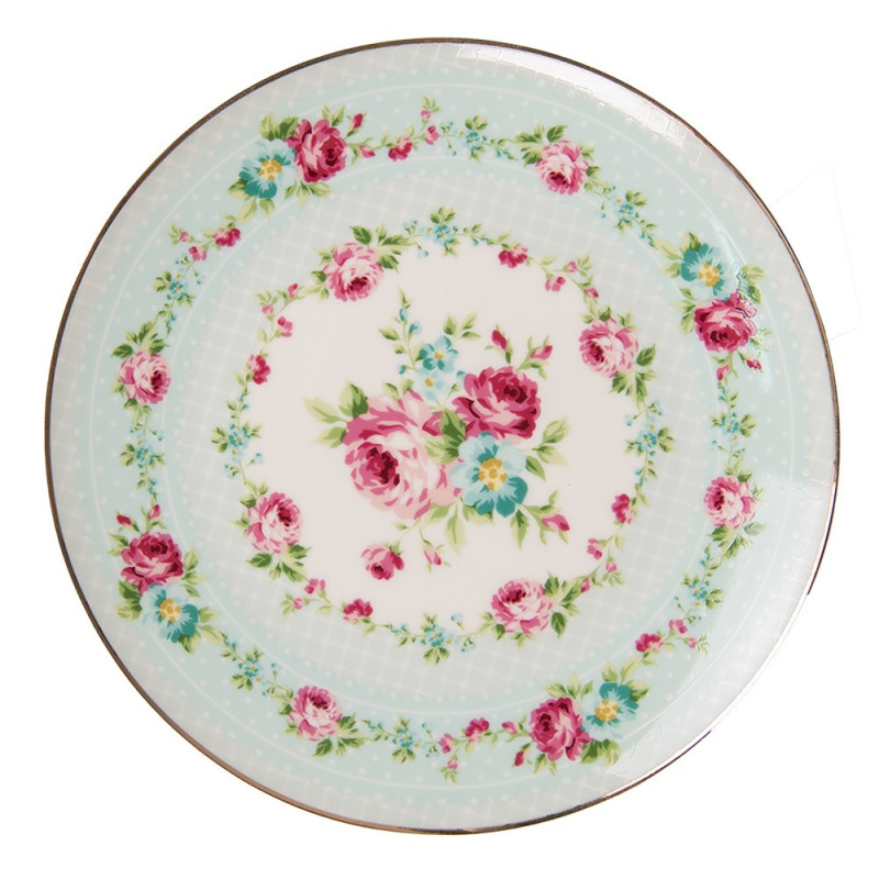 Zelený porcelánový dezertní talíř s květy - Ø 21*2 cm