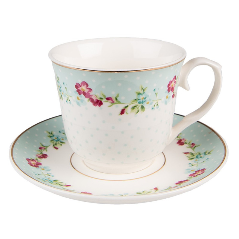 Zelený porcelánový šálek s podšálkem s květy - Ø 15*8 / 250 ml