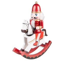 Bílo-červená dekorace Louskáček na houpacím koníkovi - 24*9*30 cm
