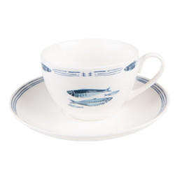 Porcelánový šálek s podšálkem s rybkami  Fish Blue - 12*6*6 cm / Ø 15*2 cm / 250 ml