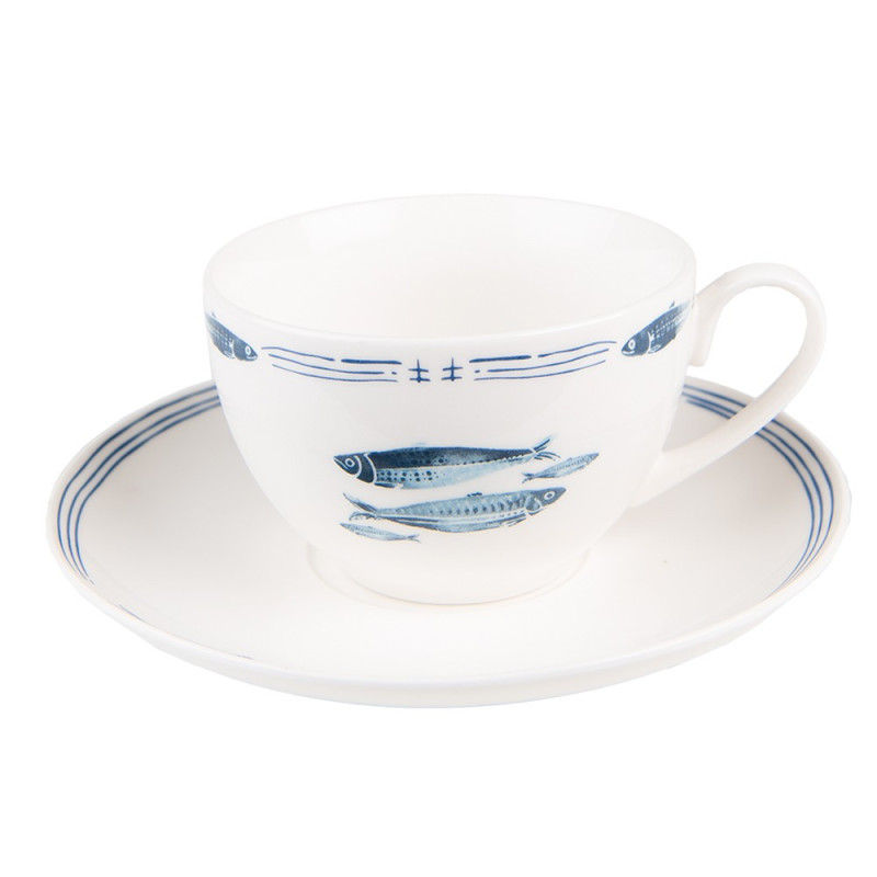 Porcelánový šálek s podšálkem s rybkami  Fish Blue - 12*6*6 cm / Ø 15*2 cm / 250 ml