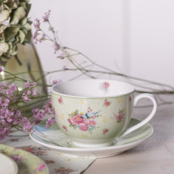 Zelený porcelánovýšálek s podšálkem s květy a ptáčkem Cheerful Birdie - 12*9*6cm/ 200ml