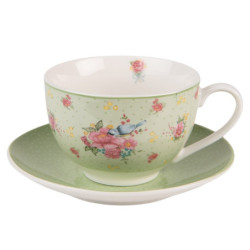 Zelený porcelánovýšálek s podšálkem s květy a ptáčkem Cheerful Birdie - 12*9*6cm/ 200ml