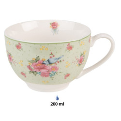 Zelený porcelánovýšálek s podšálkem s květy a ptáčkem Cheerful Birdie - 12*9*6cm/ 200ml