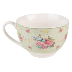 Zelený porcelánovýšálek s podšálkem s květy a ptáčkem Cheerful Birdie - 12*9*6cm/ 200ml