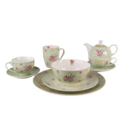 Zelený porcelánovýšálek s podšálkem s květy a ptáčkem Cheerful Birdie - 12*9*6cm/ 200ml
