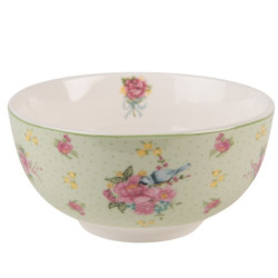 Zelená porcelánová miska s květy a ptáčkem Cheerful Birdie - Ø 14*7 cm/ 500ml